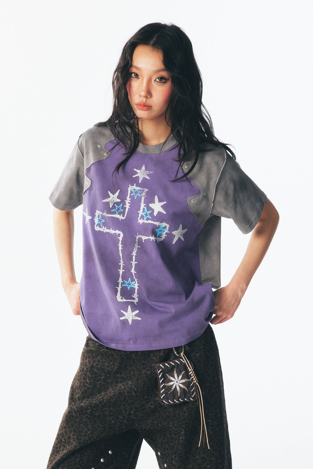 Thorn Cross & Star Rivet Irregular Short Sleeve
