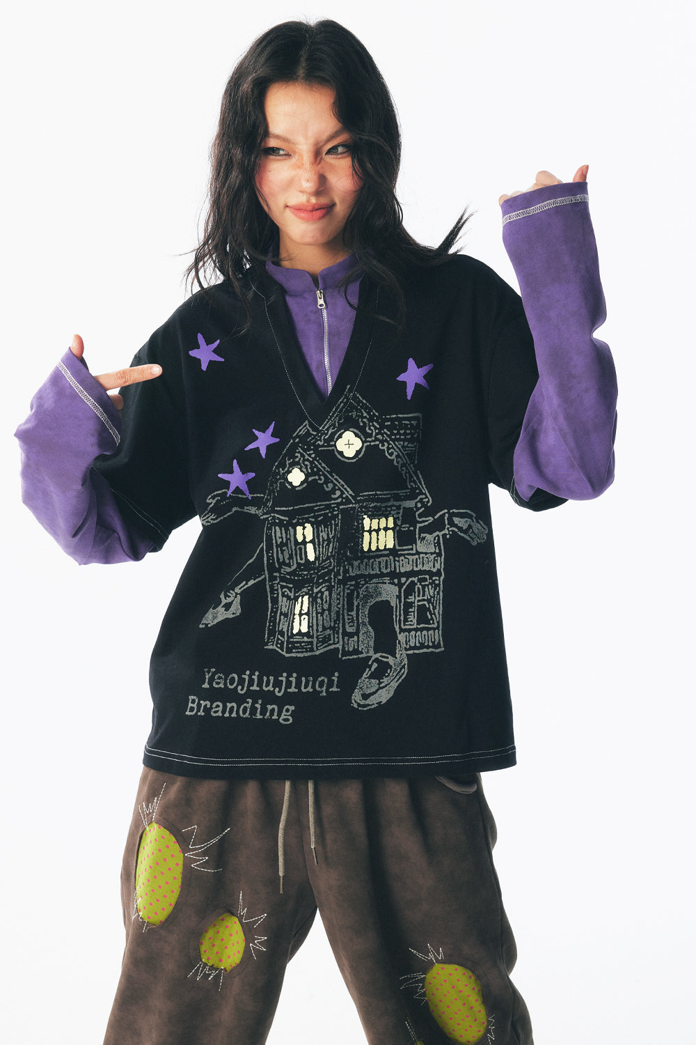 「変な一口ハウス」魔法使いフェイクツーピース長袖Tシャツ