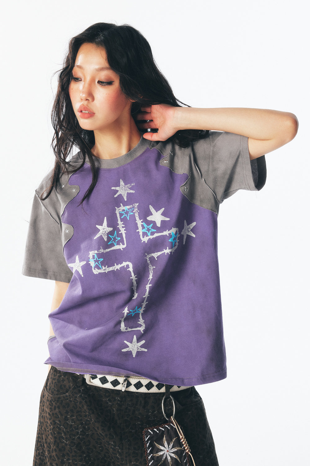 Thorn Cross & Star Rivet Irregular Short Sleeve