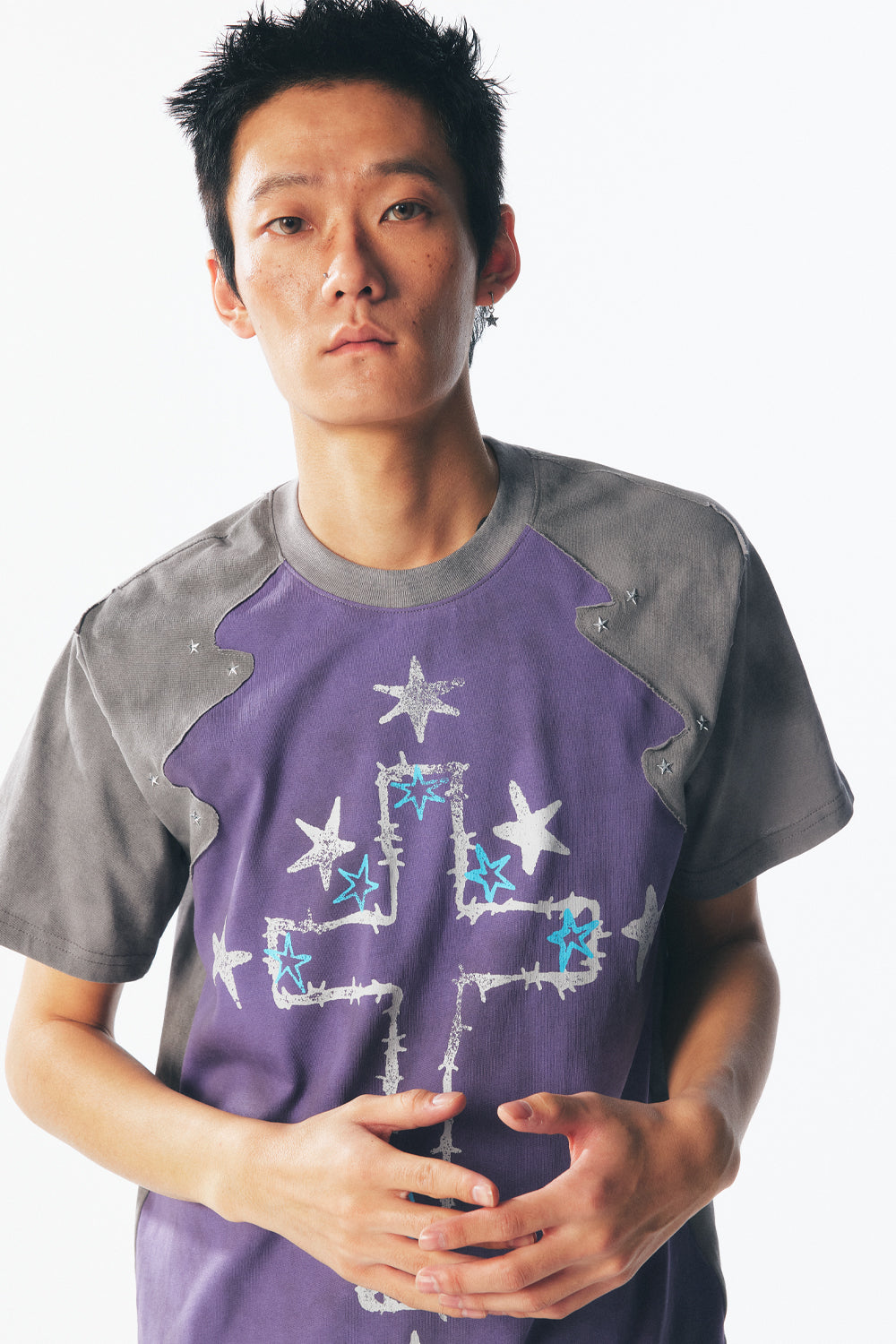 Thorn Cross & Star Rivet Irregular Short Sleeve