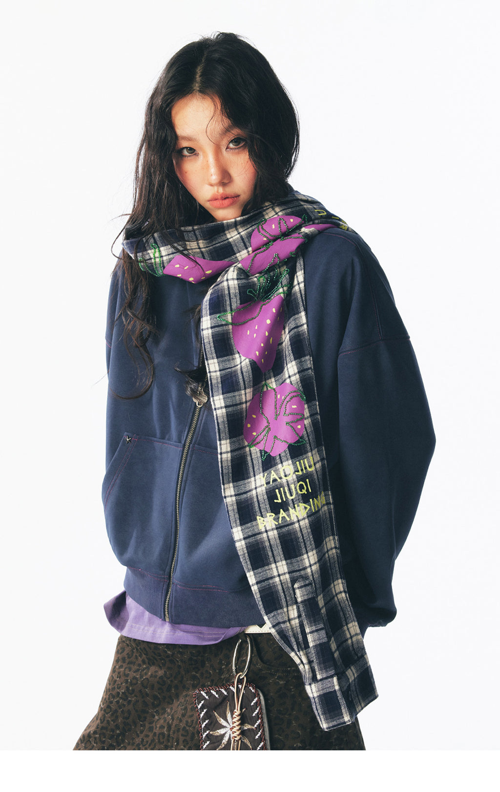 "Beaded Strawberry" Plaid Hoodie